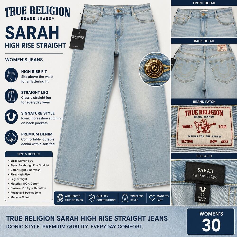 True Religion Sarah High Rise Straight Jeans Women’s 30 Light Wash Denim